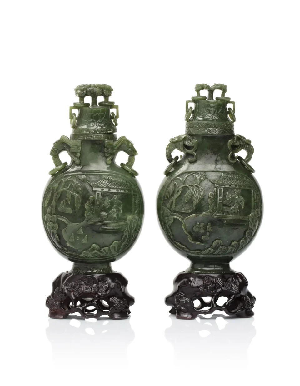 Pair of covered gourd-shaped vases in spinach jade - CHINA - 20th century