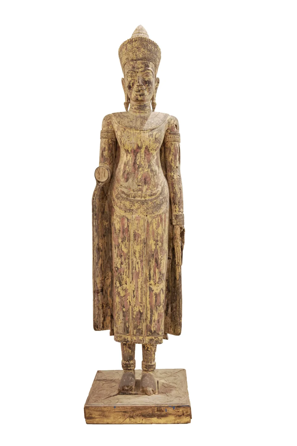 Partially gilded wooden sculpture of a standing Buddha. - THAILAND - 20th century