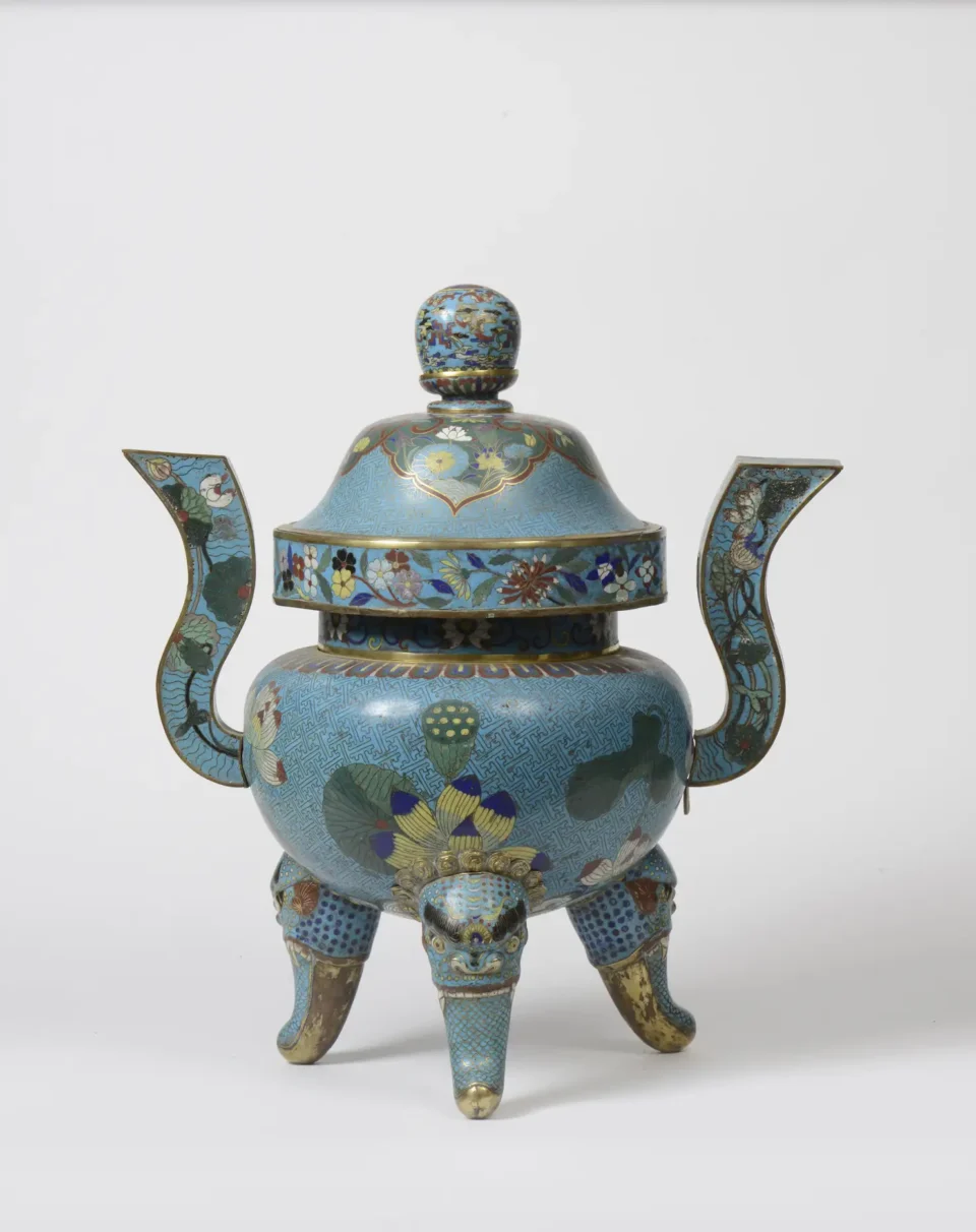 Large perfume burner in bronze and polychrome cloisonné enamel on a blue background - CHINA - Jiaqing period (1796-1820)