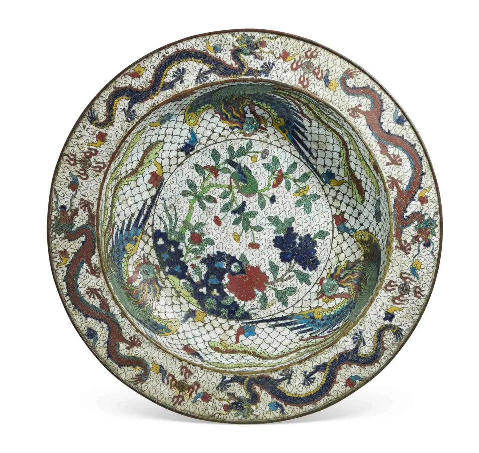 Important plat en bronze et émaux cloisonnés - CHINE - XIXe siècle