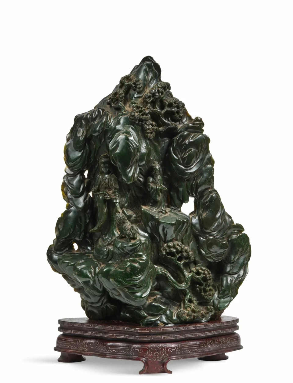 Carved group in spinach jade - CHINA - 20th century