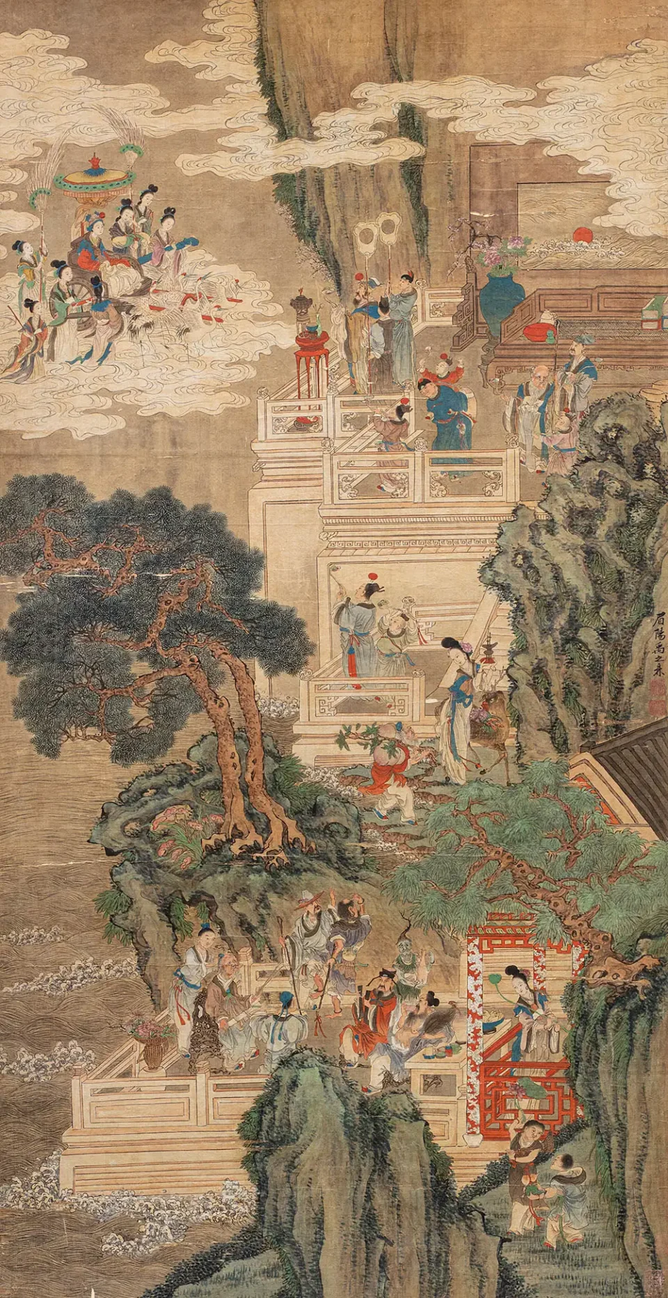 Importante peinture sur soie représentant l’arrivée de Xiwangmu - CHINE - Dynastie Qing (1644-1912)