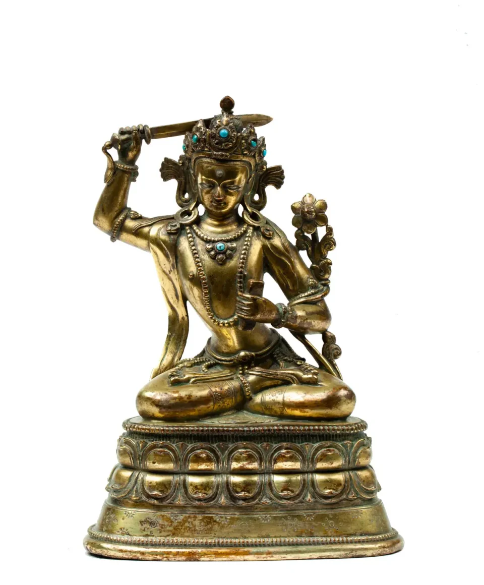 Importante sculpture de Manjushri en bronze doré - CHINE - XVIIIe siècle