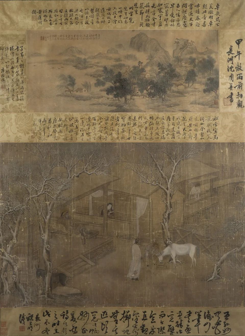 Deux peintures horizontales montées ensemble et entourées de calligraphies - CHINE - Dynastie Qing (1644-1912)