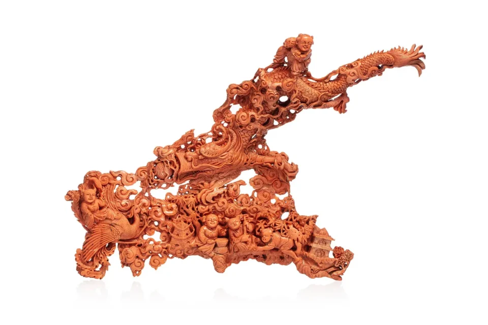 Branche de corail* orange sculptée - CHINE - XXe siècle